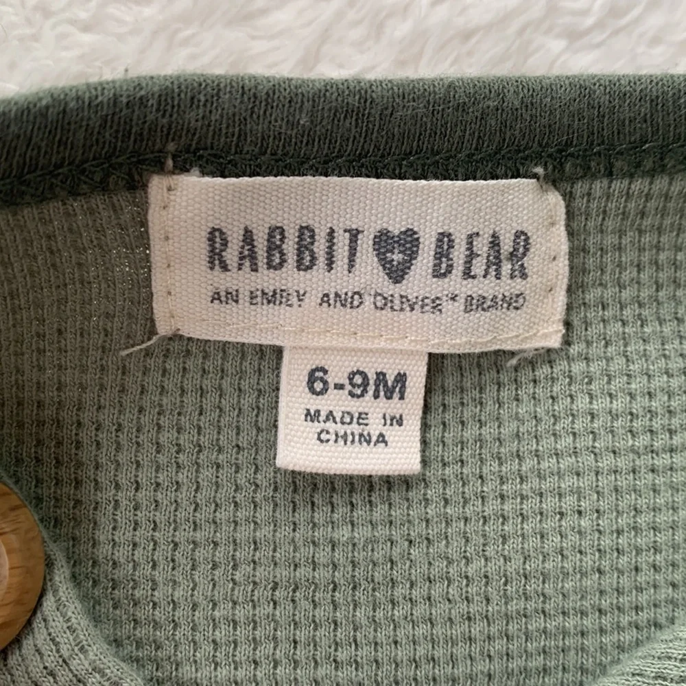 Rabbit + Bear Green Baby Romper with Pocket 6-9M Organic Cotton EUC